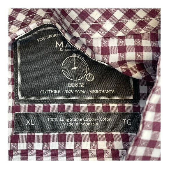 Maker & Company Men's XL Maroon White Check 100% Cotton Collared Button Dow - Picture 3 of 7